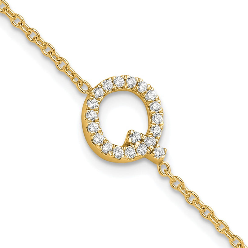 14k Yellow Gold Natural Diamond Sideways Letter Q w/ 1in ext. Bracelet