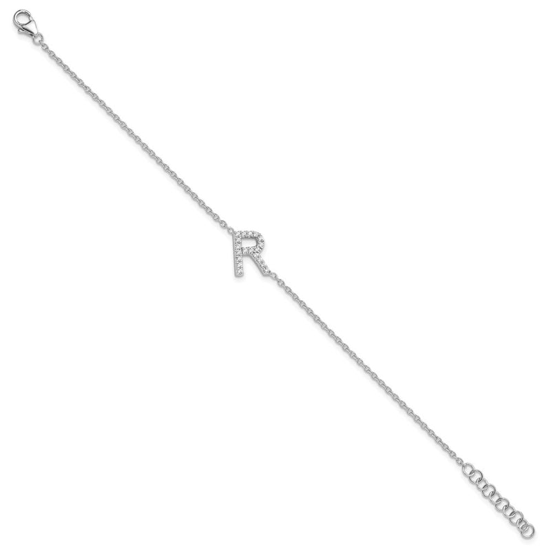 14KW Natural Diamond Sideways Letter R w/ 1in ext. Bracelet