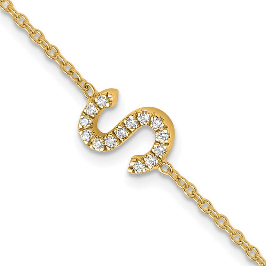 14k Yellow Gold Natural Diamond Sideways Letter S w/ 1in ext. Bracelet