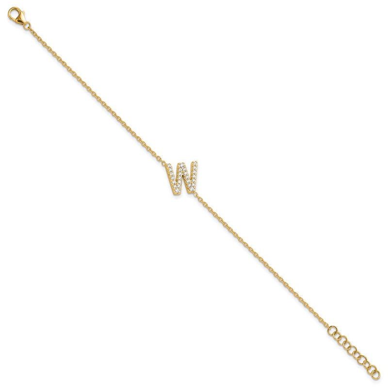 14k Yellow Gold Natural Diamond Sideways Letter W w/ 1in ext. Bracelet