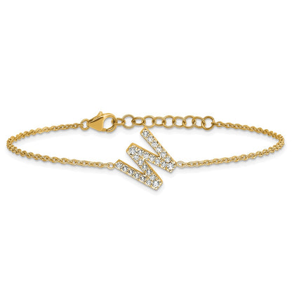14k Yellow Gold Natural Diamond Sideways Letter W w/ 1in ext. Bracelet