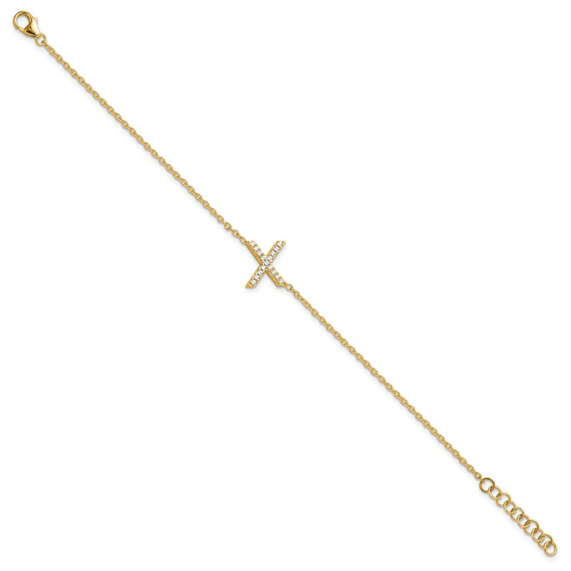 14k Yellow Gold Natural Diamond Sideways Letter X w/ 1in ext. Bracelet