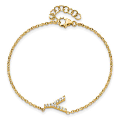 14k Yellow Gold Natural Diamond Sideways Letter Y w/ 1in ext. Bracelet