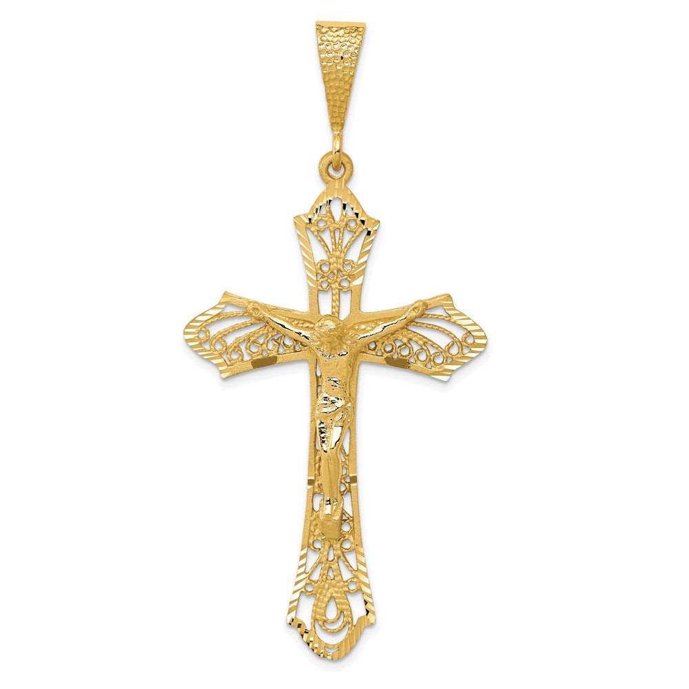14k Yellow Gold Satin Diamond-Cut Crucifix Pendant
