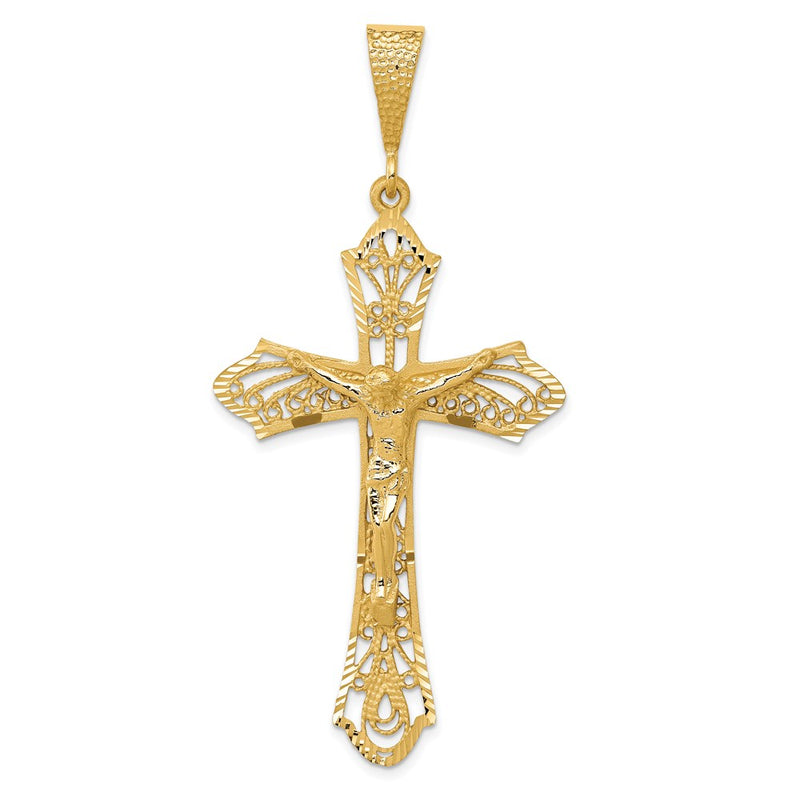 14k Yellow Gold Satin Diamond-Cut Crucifix Pendant