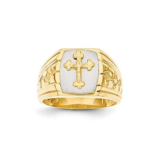 14k Two-Tone Gold Cross on Top Mens Ring