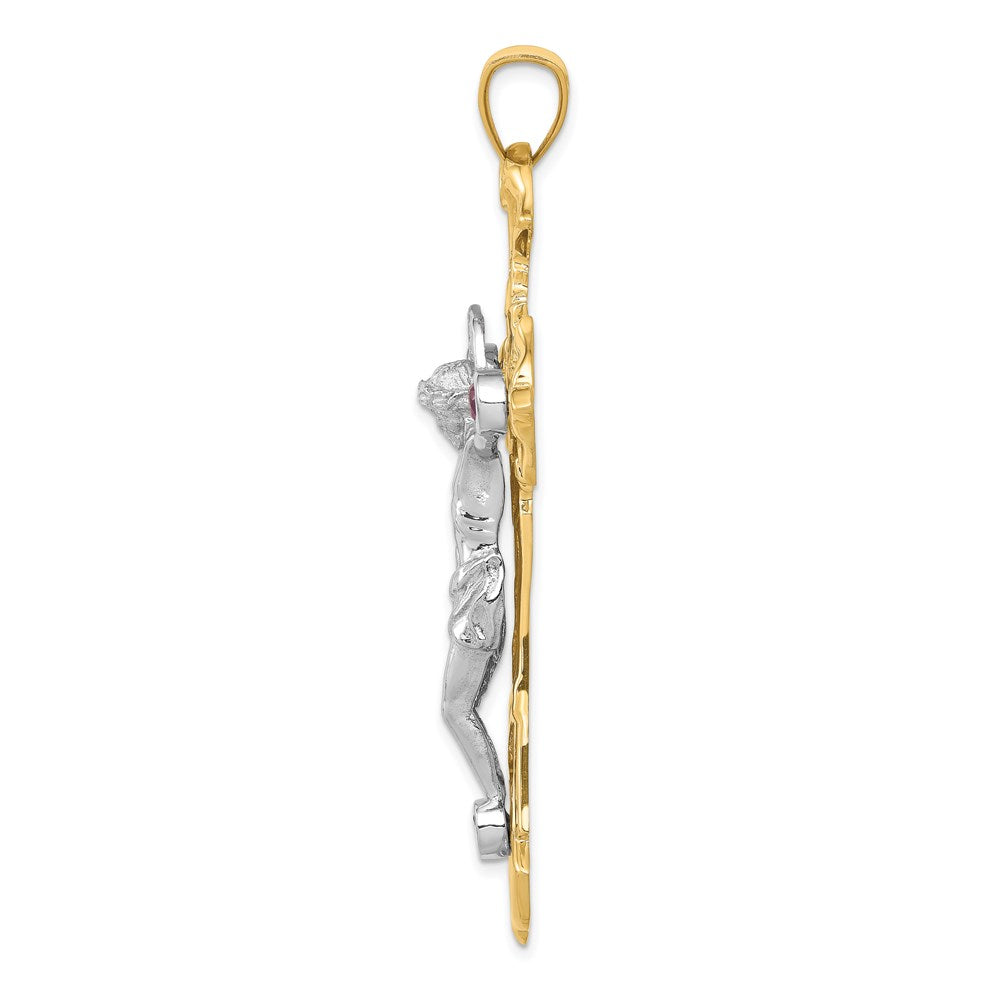14k Two-tone Gold Polished with Red CZs Crucifix Pendant