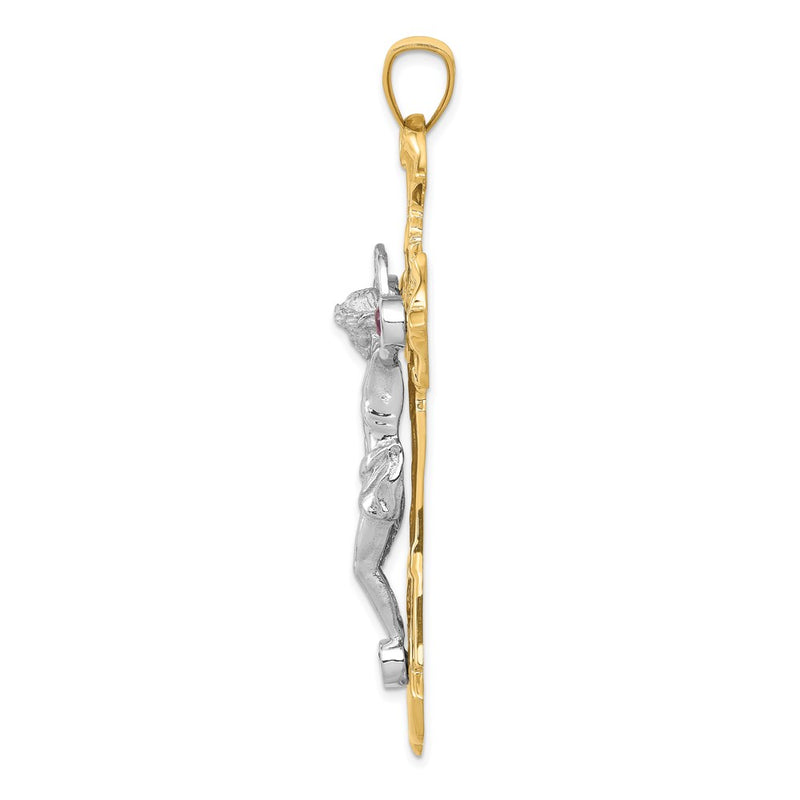 14k Two-tone Gold Polished with Red CZs Crucifix Pendant