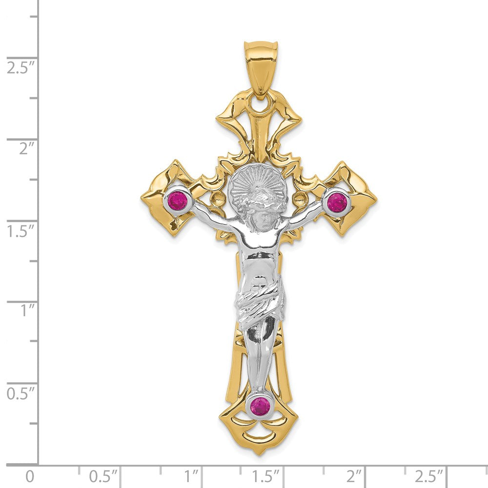 14k Two-tone Gold Polished with Red CZs Crucifix Pendant