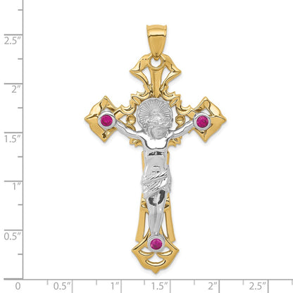 14k Two-tone Gold Polished with Red CZs Crucifix Pendant