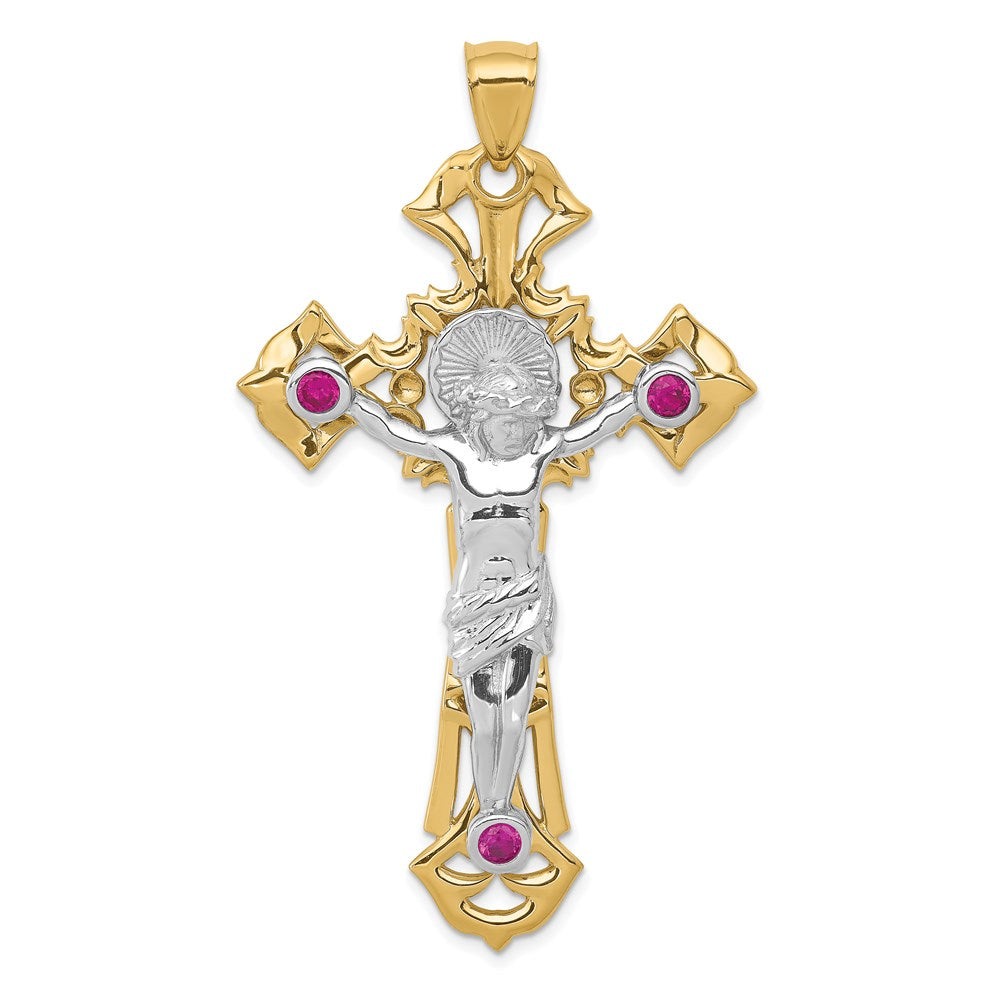 14k Two-tone Gold Polished with Red CZs Crucifix Pendant
