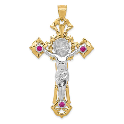 14k Two-tone Gold Polished with Red CZs Crucifix Pendant