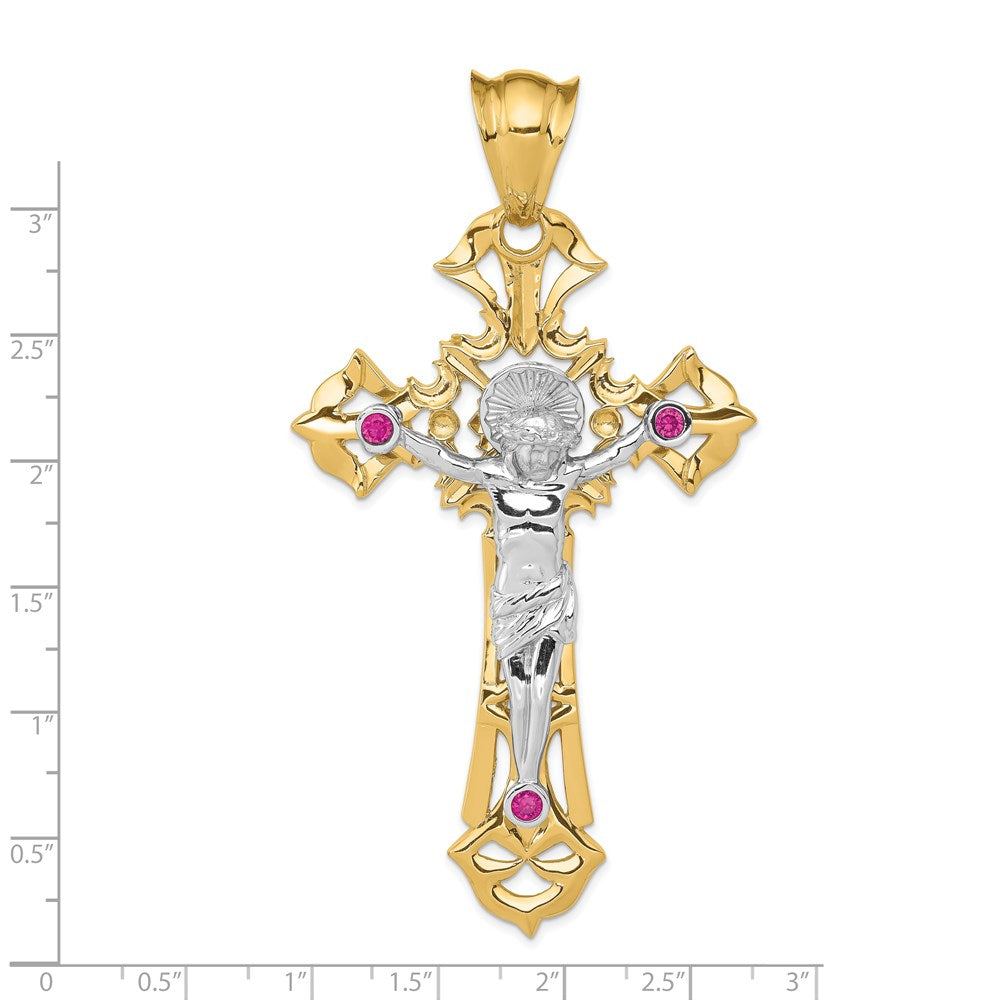 14k Two-tone Gold Polished with Red CZs Crucifix Pendant