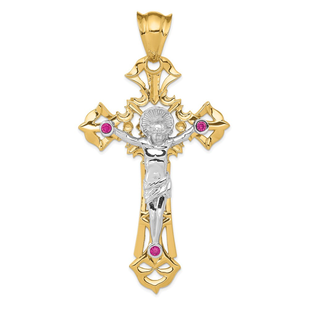 14k Two-tone Gold Polished with Red CZs Crucifix Pendant