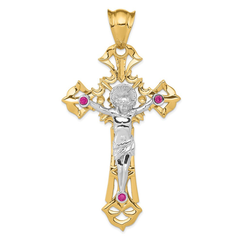14k Two-tone Gold Polished with Red CZs Crucifix Pendant