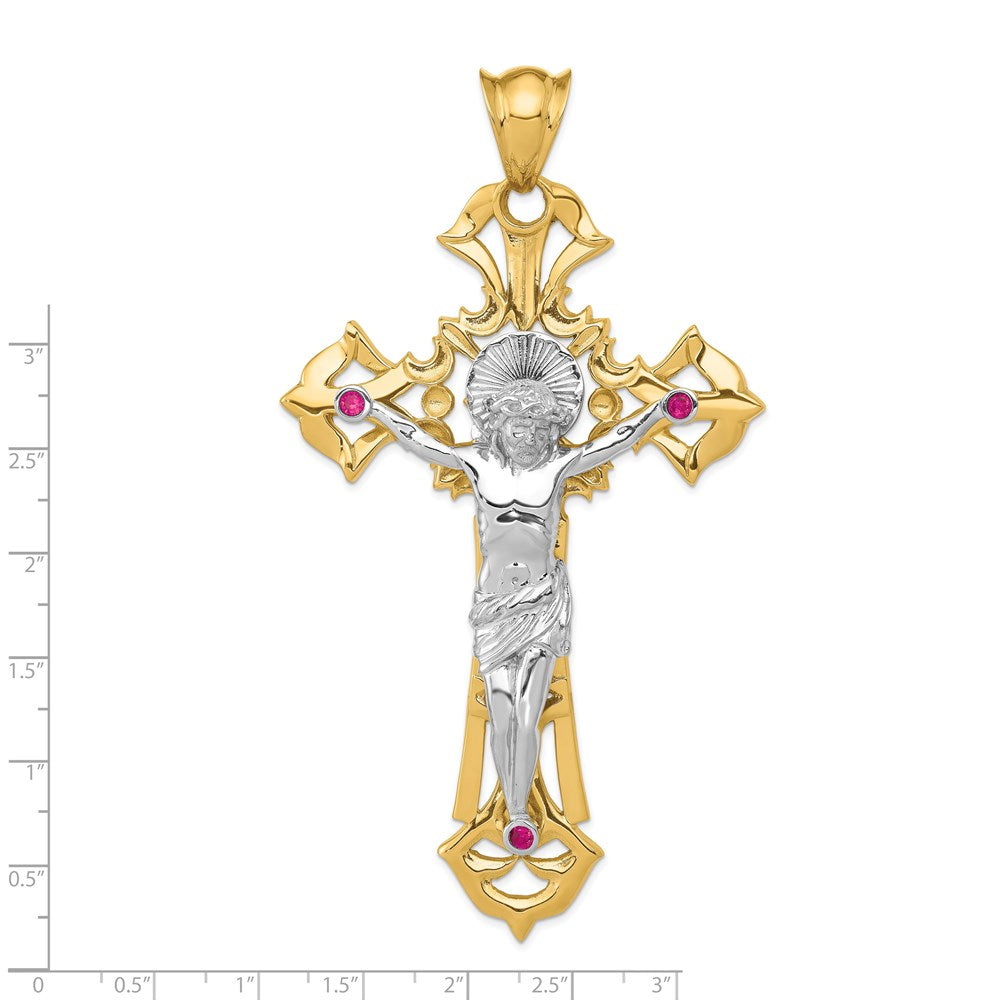14k Two-tone Gold Polished with Red CZs Crucifix Pendant