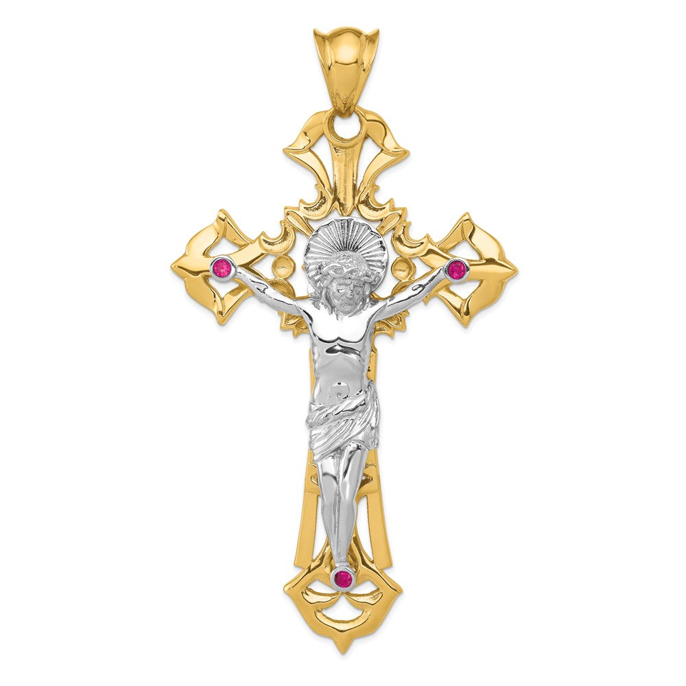 14k Two-tone Gold Polished with Red CZs Crucifix Pendant