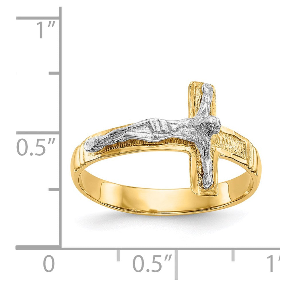 14K Two-Tone Gold Polished Diamond-Cut Mens Crucifix Ring