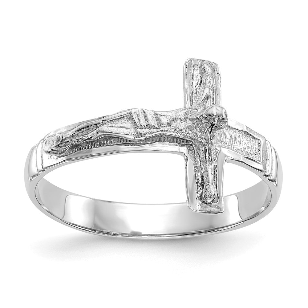 14K White Gold Polished Diamond-Cut Mens Crucifix Ring