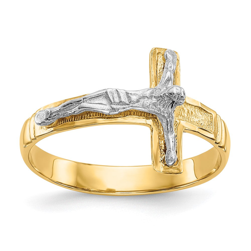 14K Two-Tone Gold Polished Diamond-Cut Mens Crucifix Ring