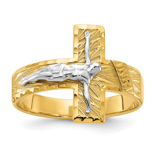 14k Two-Tone Gold Polished & Diamond-Cut Mens Crucifix Ring