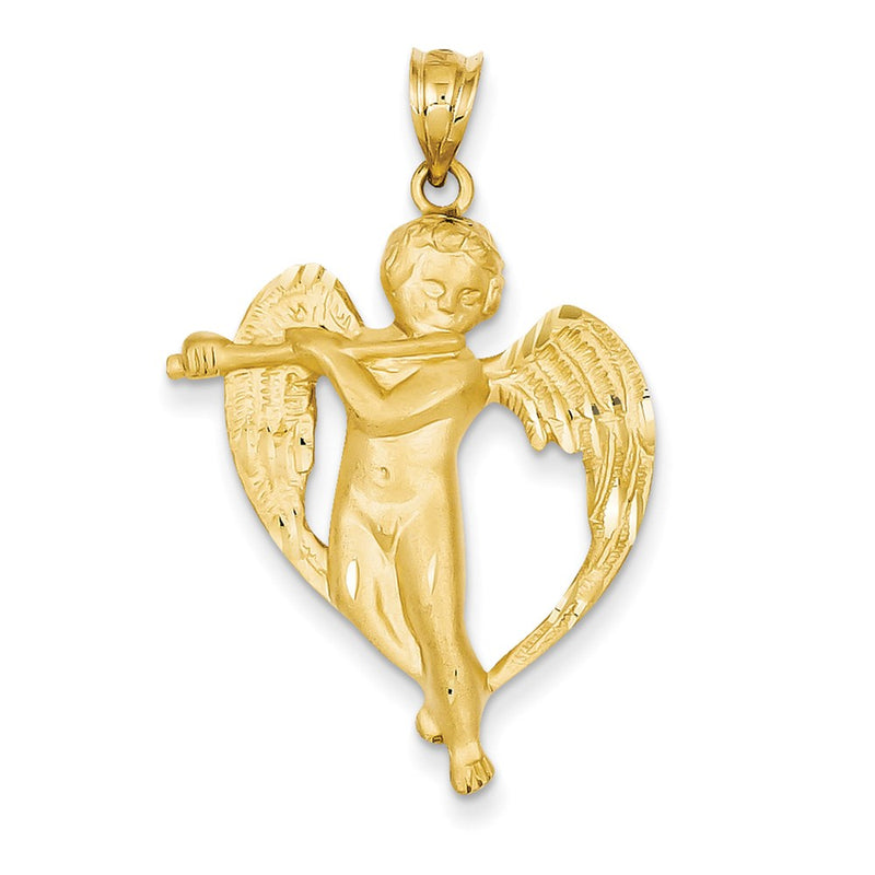 14k Yellow Gold Satin Angel with flute Pendant
