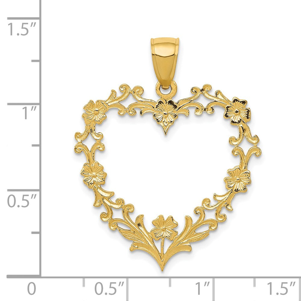 14k Yellow Gold Polished Floral Border Heart Pendant
