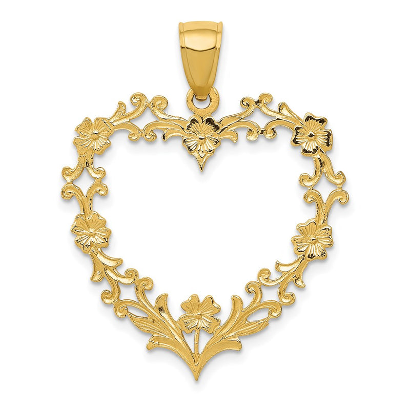 14k Yellow Gold Polished Floral Border Heart Pendant