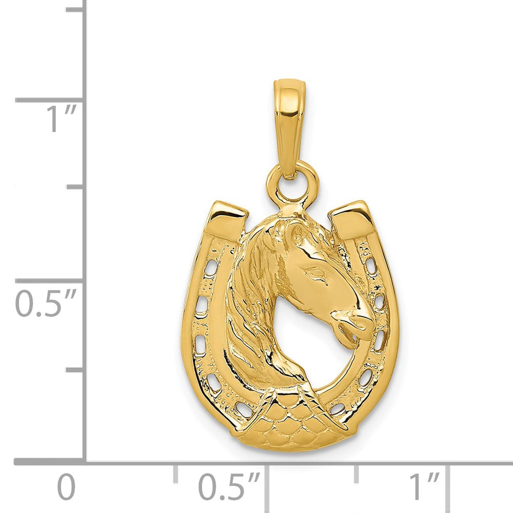 14k Yellow Gold Solid Polished Horse Head in Horseshoe Pendant
