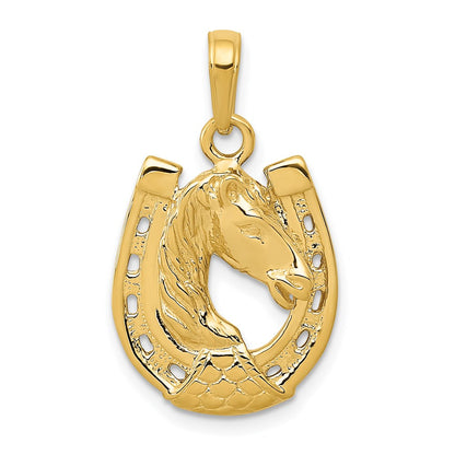 14k Yellow Gold Solid Polished Horse Head in Horseshoe Pendant