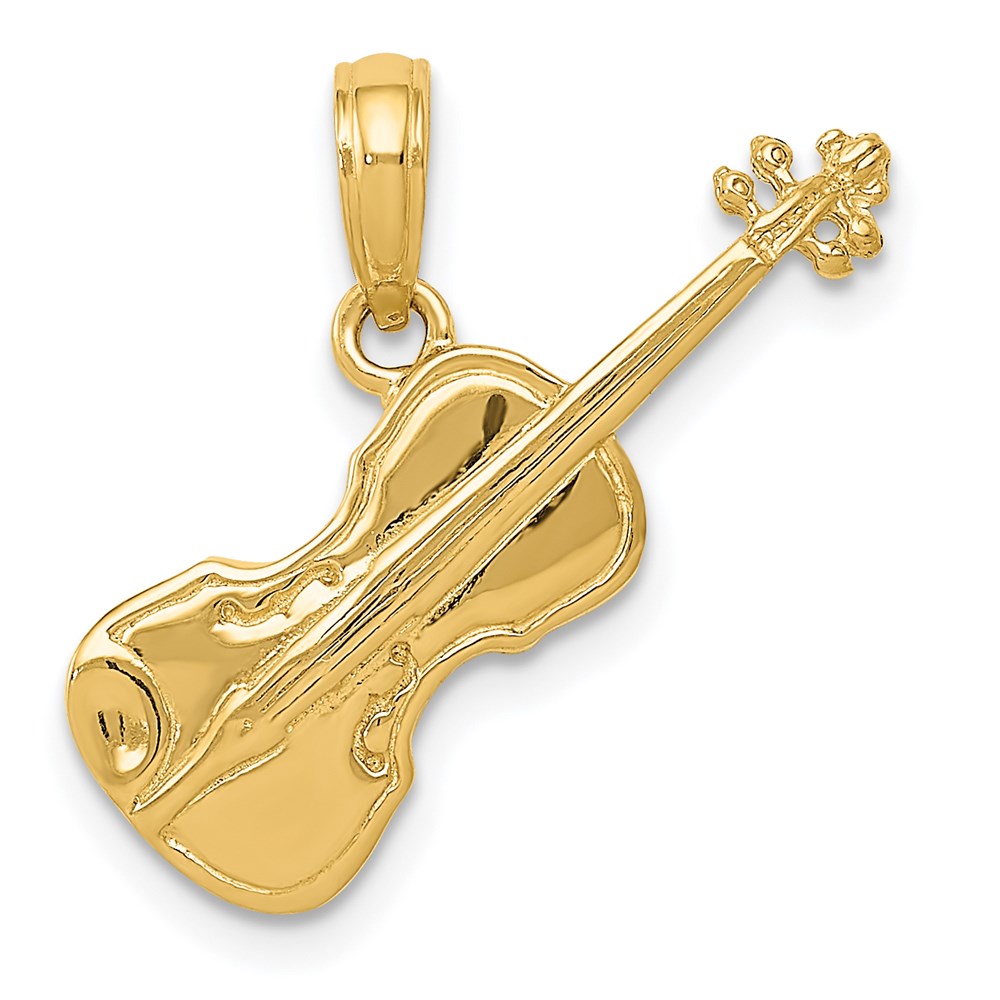 14k Yellow Gold Polished Solid 3-D Violin Pendant