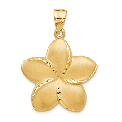 14k Yellow Gold Satin Diamond-cut Open-Backed Large Plumeria Pendant