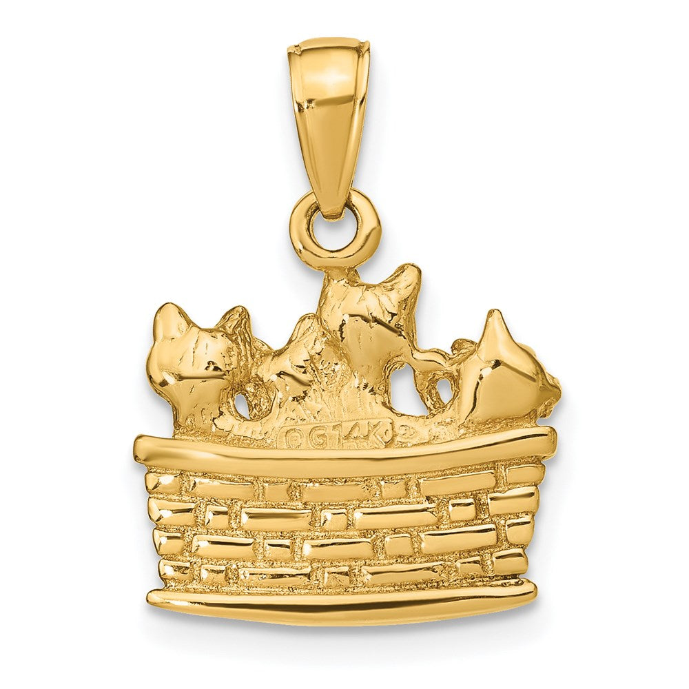14k Yellow Gold Solid Polished 3-D Kittens in Basket Pendant