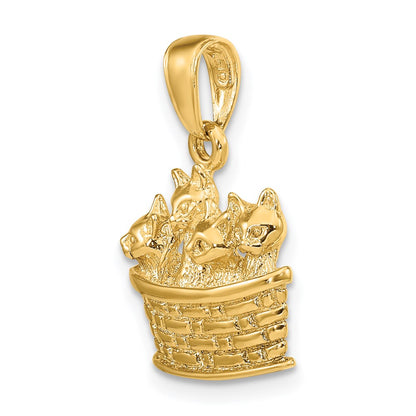 14k Yellow Gold Solid Polished 3-D Kittens in Basket Pendant