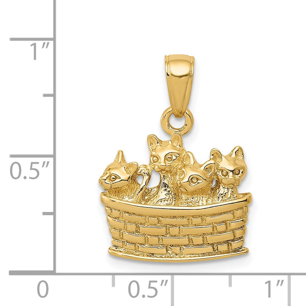 14k Yellow Gold Solid Polished 3-D Kittens in Basket Pendant