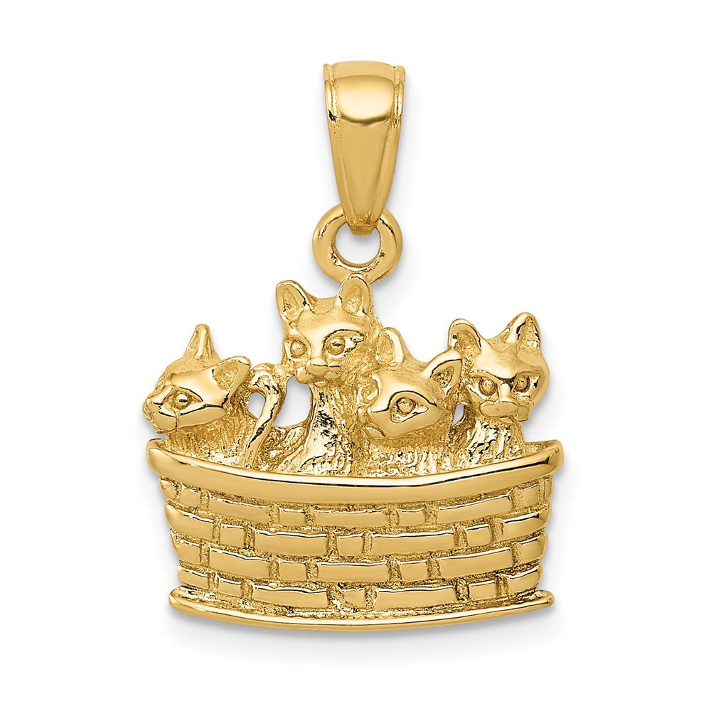 14k Yellow Gold Solid Polished 3-D Kittens in Basket Pendant