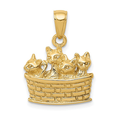 14k Yellow Gold Solid Polished 3-D Kittens in Basket Pendant
