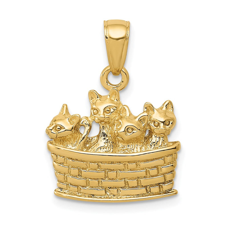 14k Yellow Gold Solid Polished 3-D Kittens in Basket Pendant