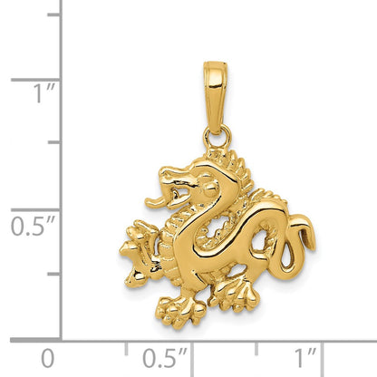 14k Yellow Gold Solid Polished Dragon Pendant