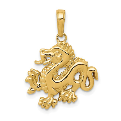 14k Yellow Gold Solid Polished Dragon Pendant