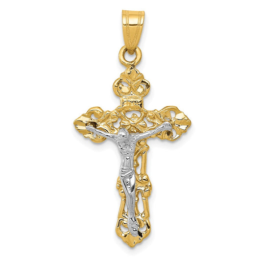 14k Two-tone Gold Fleur De Lis Crucifix Pendant