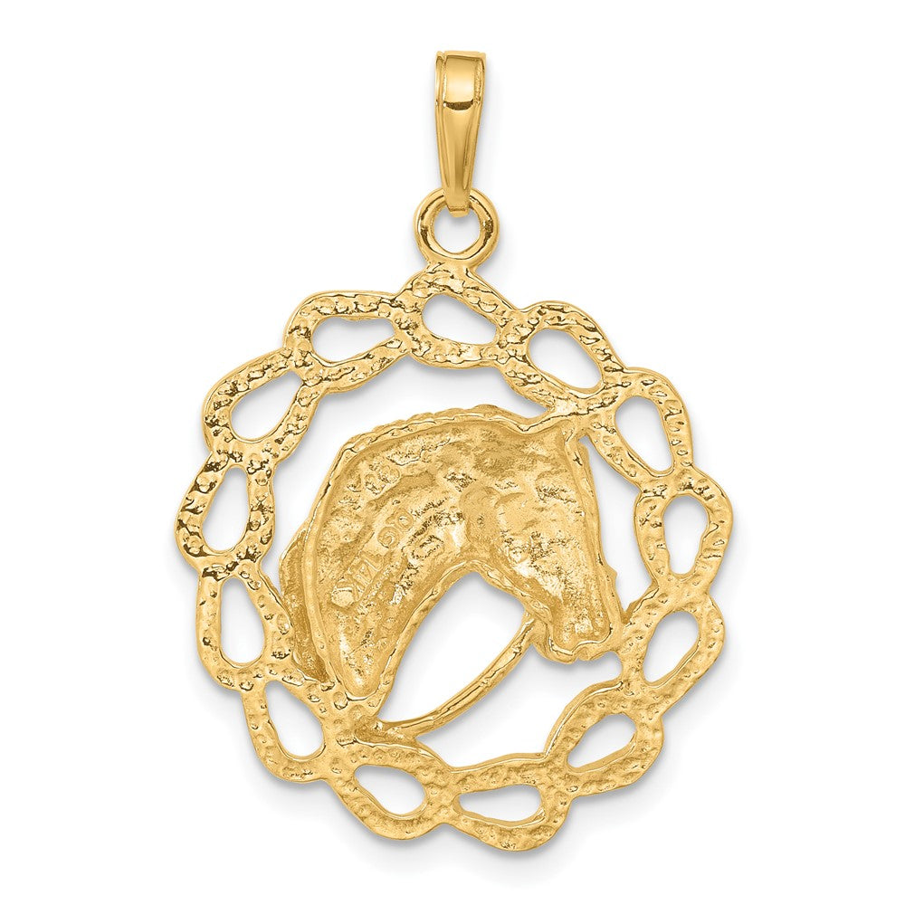 14k Yellow Gold Solid Polished Horse Head in Horseshoes Pendant
