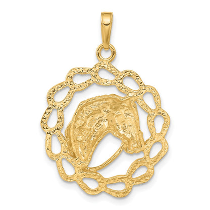 14k Yellow Gold Solid Polished Horse Head in Horseshoes Pendant
