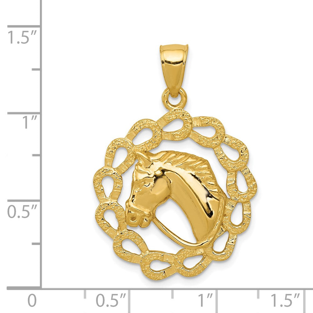 14k Yellow Gold Solid Polished Horse Head in Horseshoes Pendant