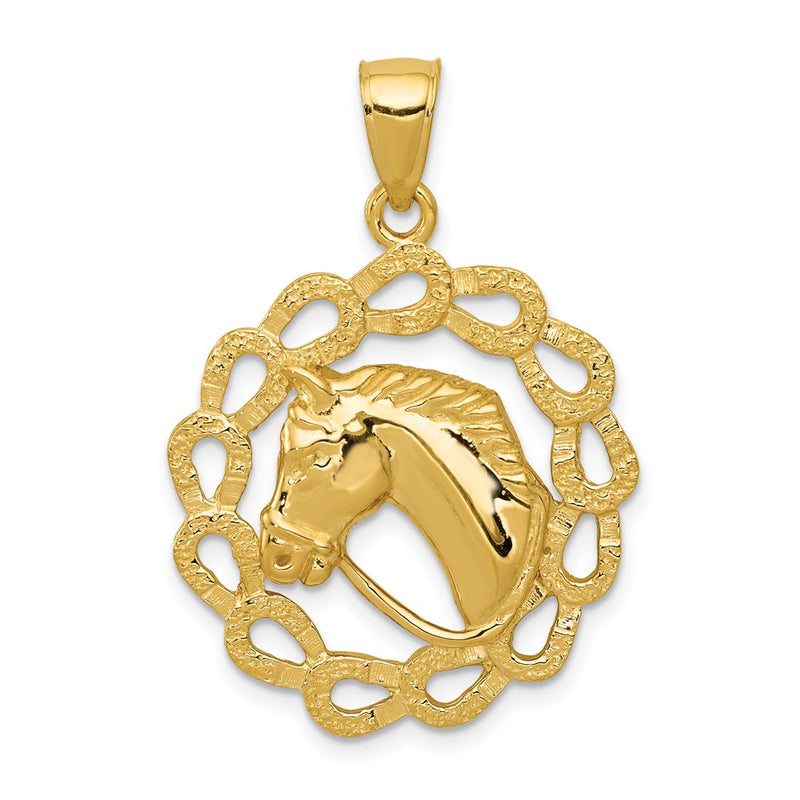 14k Yellow Gold Solid Polished Horse Head in Horseshoes Pendant