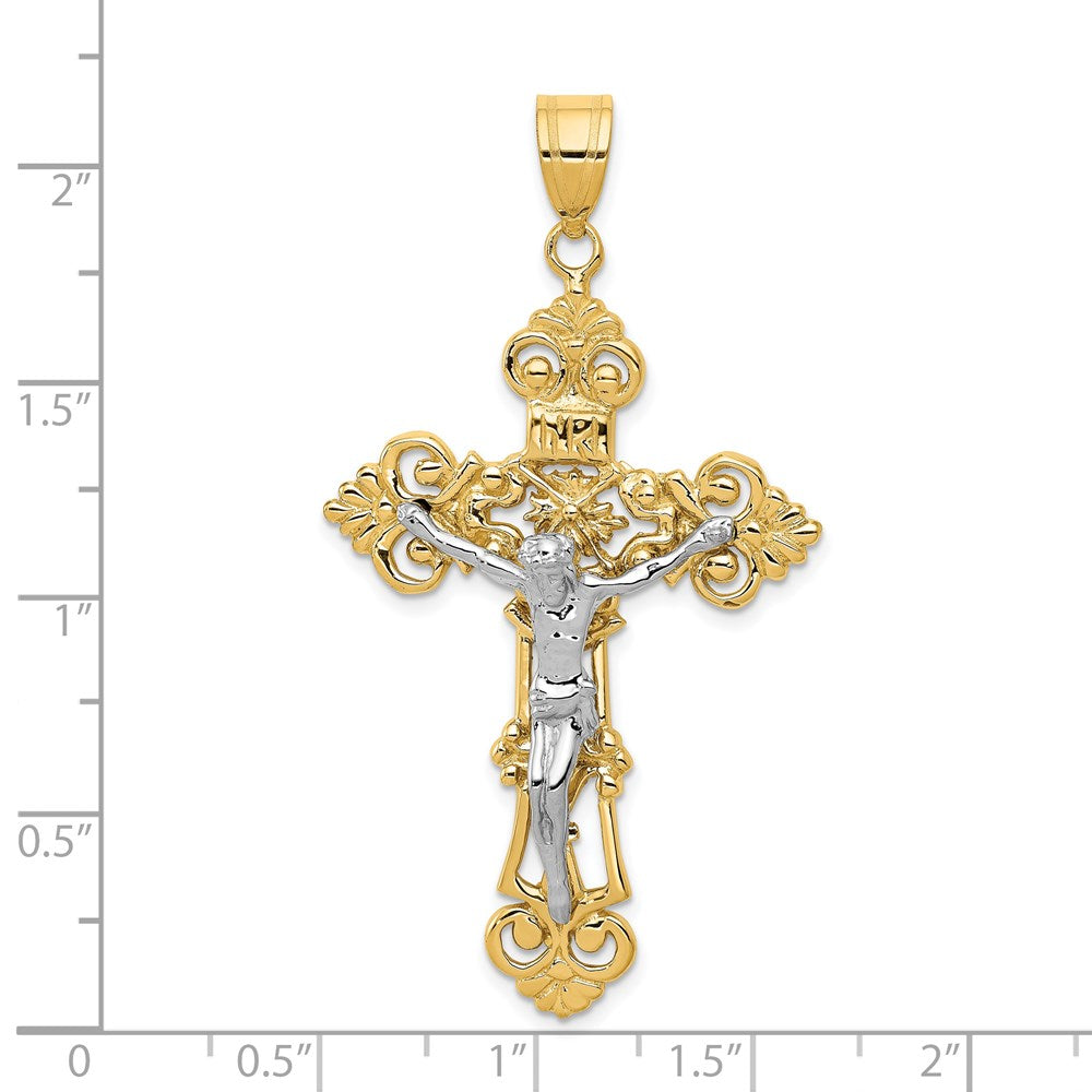14k Two-tone Gold INRI Fleur De Lis Crucifix Pendant
