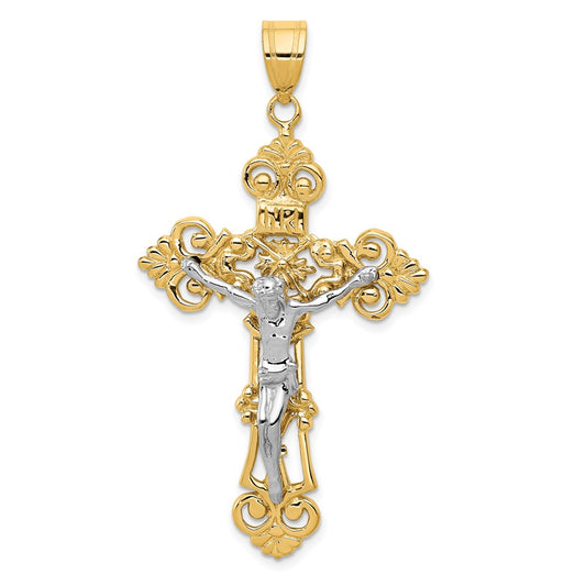 14k Two-tone Gold INRI Fleur De Lis Crucifix Pendant