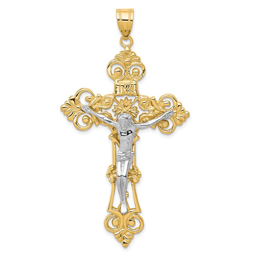 14k Two-tone Gold INRI Fleur De Lis Crucifix Pendant
