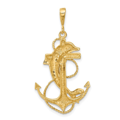 14k Yellow Gold Solid Polished Anchor with Dolphin Pendant
