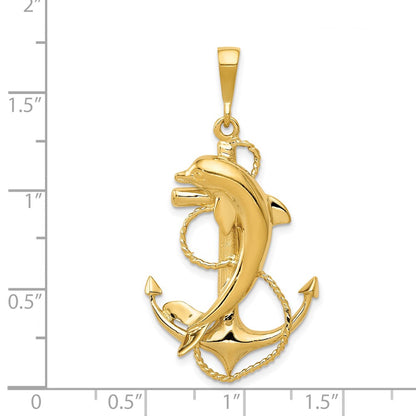 14k Yellow Gold Solid Polished Anchor with Dolphin Pendant